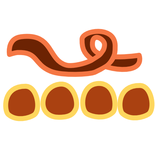 4 yellow circular blobs sit side by side making a horizontal line, above them is an orange curving line that forms a loop towards the end of itself. The image has light line art.